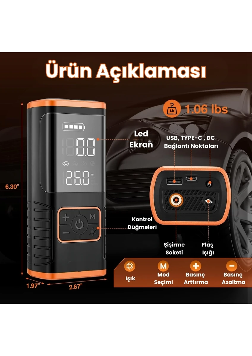 Dijital Ekranlı Enshall 5400 Mah 4ın1 Çakmaklıklı Şarjlı Taşınabilir Araç Lastik Top Şişirme Pompası Oto Hava Kompresörü